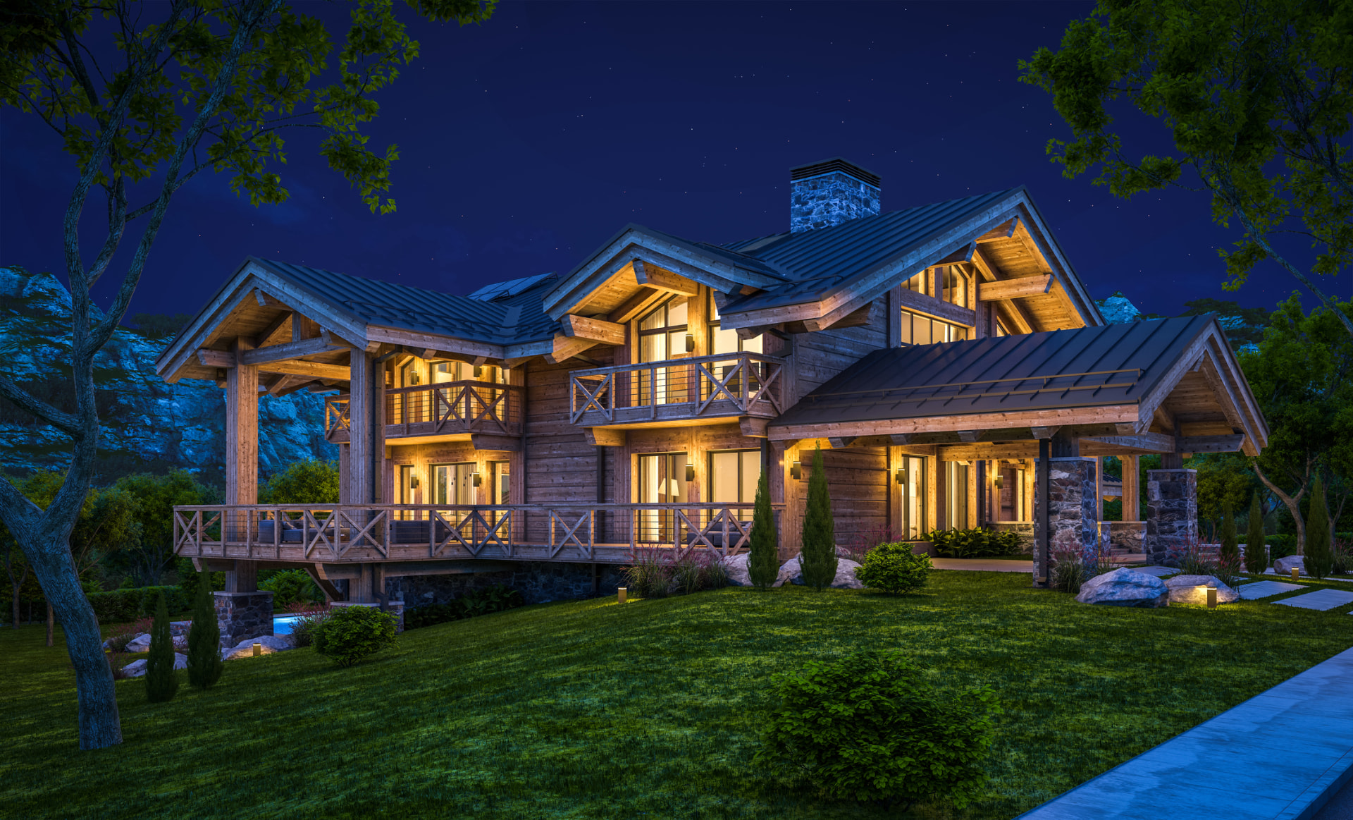 A timber mountain home with warm lit windows at dusk
